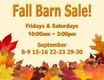 Text: Fall Barn Sale, Fridays & Saturdays, 10:00am ~ 3:00pm, September, 8-9 15-16 22-23 29-30, Fall Leaves And Acorns At Bottom Of Image