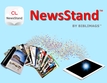 Blue Background, App Icon for cloudLibrary NewsStand, Text: NewsStand &#8482; By Biblimags &#8482;, Magazine Pile, Tablet, Swirling Cloud of Colored Dots Connecting the Magazine Pile and Tablet