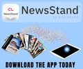 Link, App Icon for cloudLibrary NewsStand, Text: NewsStand&#8482; By Biblimags&#8482;, Download The App Today, Blue Background, Magazine Pile, Tablet, Swirling Cloud of Colored Dots Connecting the Magazine Pile and Tablet