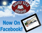 Link To Facebook Page, Slightly Read Bookshop Sign, Text Below Left: Now On Facebook!, Background: Blue Sky With Clouds, iPad With Slightly Read Bookshop Facebook Page Open