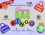 Text: Designer Bag BINGO, Door Prize, Basket Raffle, 50/50, Special Purses, Background: Designer Logos
