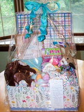 Basket #58 Easter’s Coming To Town Basket, Large Decorative Box, Chocolate Brown Plush Bunny, Wood S