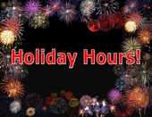 Black Background With Fireworks, Text: Holiday Hours!