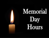 Black Background, Left Image: Single Lit Candle, Right Text: Memorial Day Hours