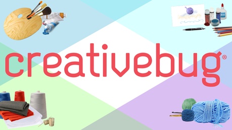 Creativebug Logo, Link To Creativebug, Images: Upper Left: Paint Palette, Brushes, And Paint, Bottom Left: Spools Of Thread Cloth Pile, Needle And Thread, Upper Right: Tubes Of Glitter, Glue Bottle, Multi Colored Pencils, And A Piece Of Paper With Art, Bottom Right: Yarn Skein, 2 Yarn Balls, 2 Crochet Hooks