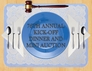 Wood Background, Center Image: Blue Placemat, White Lace Doily, Blue Plate Center, Gavel Above Plate, Folded Napkins Left And Right Of Plate With Silverware, Text: 76TH ANNUAL KICK-OFF DINNER AND MINI AUCTION